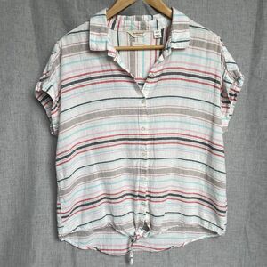 Weatherproof Vintage Stripped Short Sleeve Linen Front Tie Women's Shirt Size L